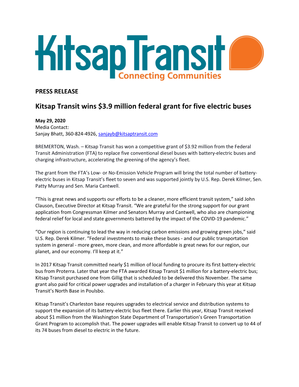 Kitsap Transit Wins $3.9 Million Federal Grant for Five Electric Buses