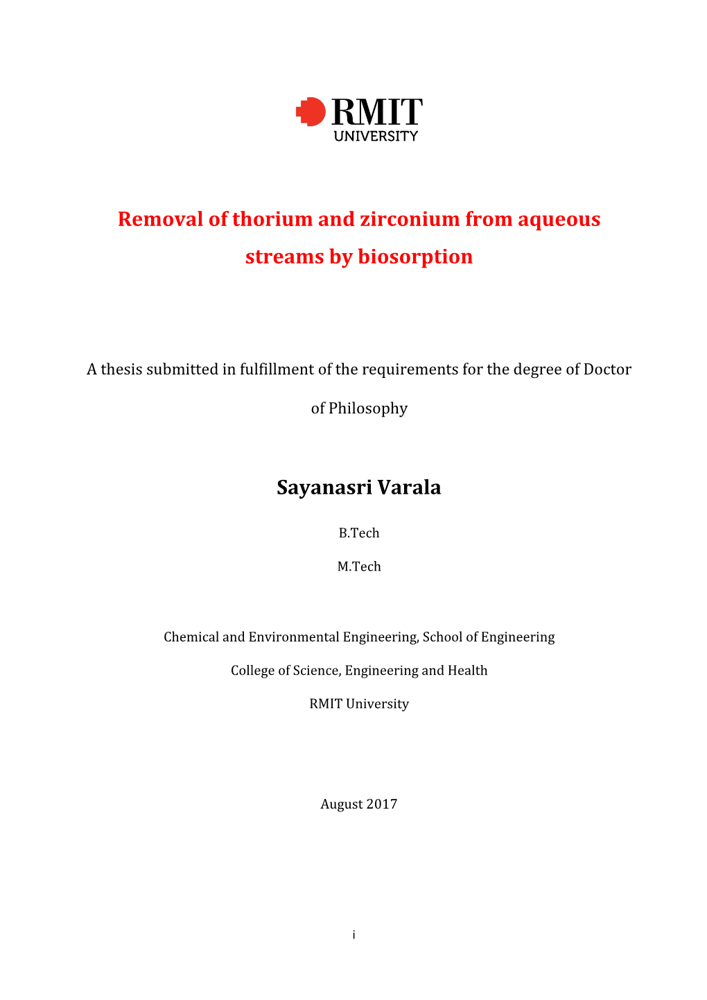 Removal of Thorium and Zirconium from Aqueous Streams by Biosorption