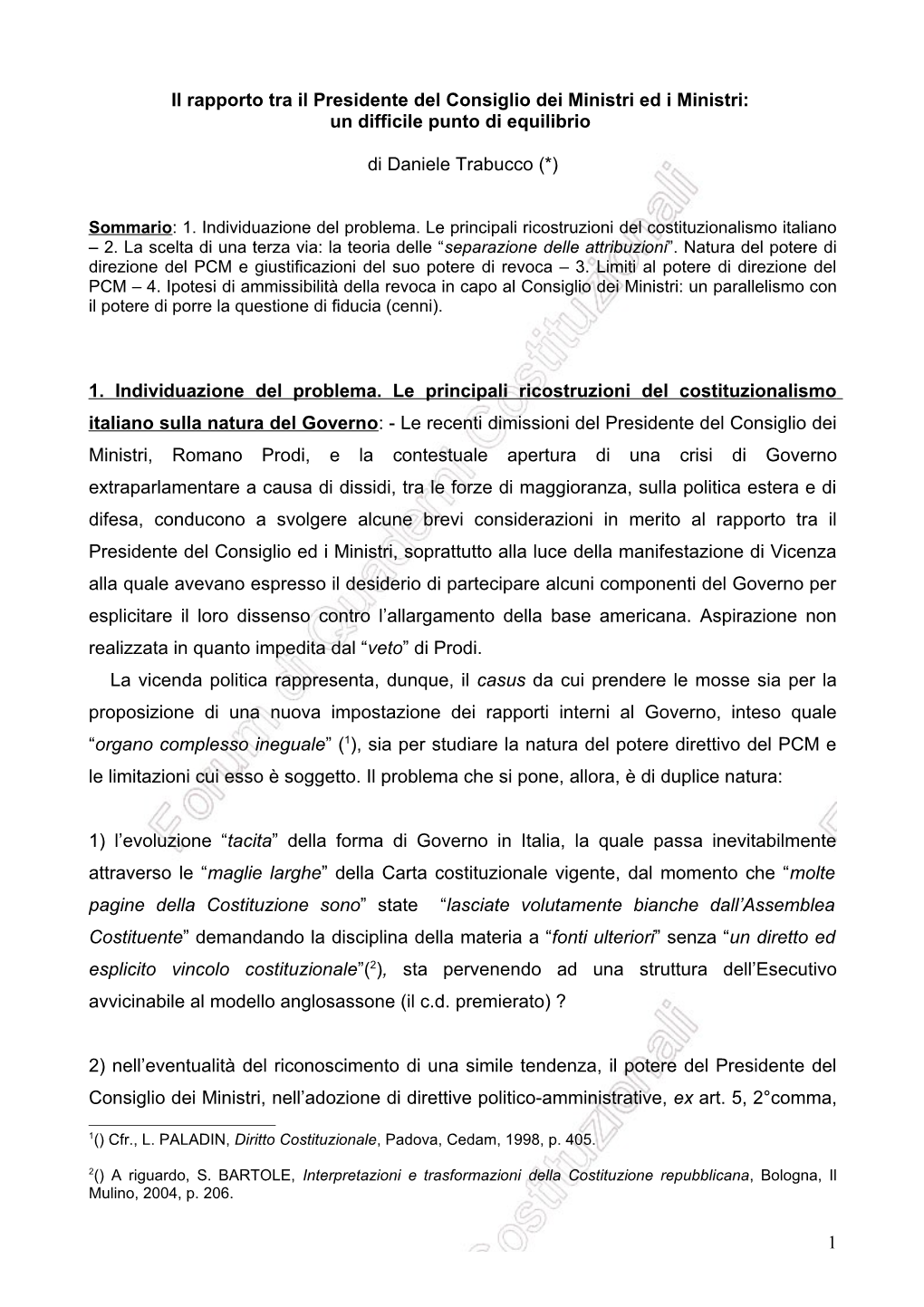 Il Rapporto Tra Il Presidente Del Consiglio Dei Ministri Ed I Ministri: Un Difficile Punto Di Equilibrio