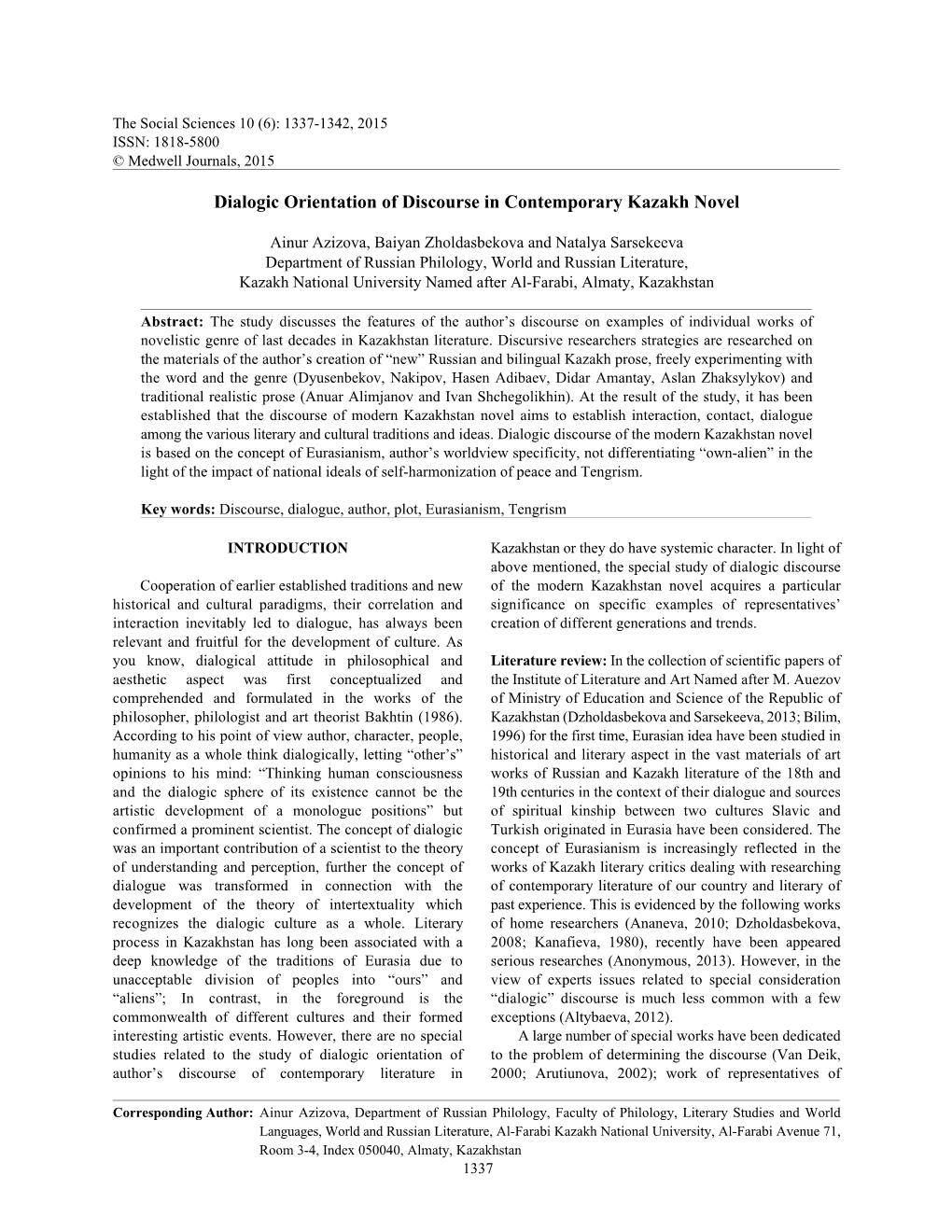 Dialogic Orientation of Discourse in Contemporary Kazakh Novel