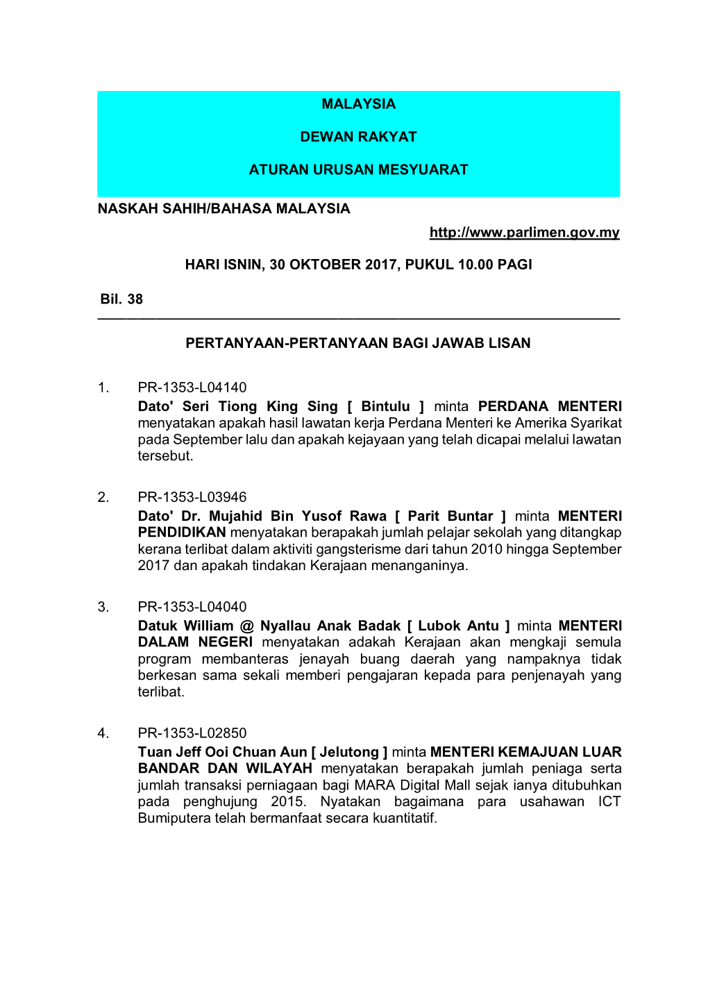 Malaysia Dewan Rakyat Aturan Urusan Mesyuarat