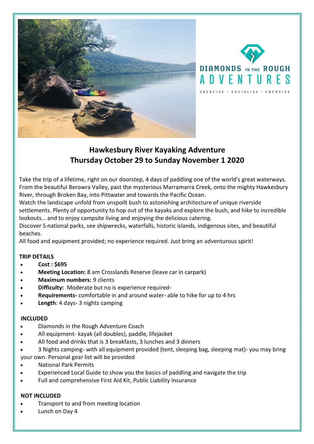 Hawkesbury River Kayaking Adventure Thursday October 29 to Sunday November 1 2020