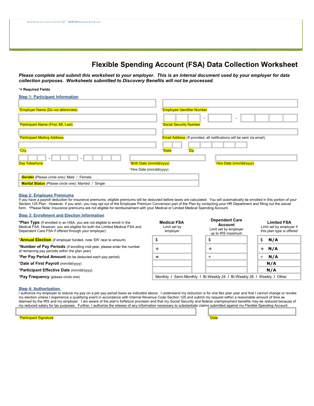 Flexible Spending Account (FSA) Data Collection Worksheet