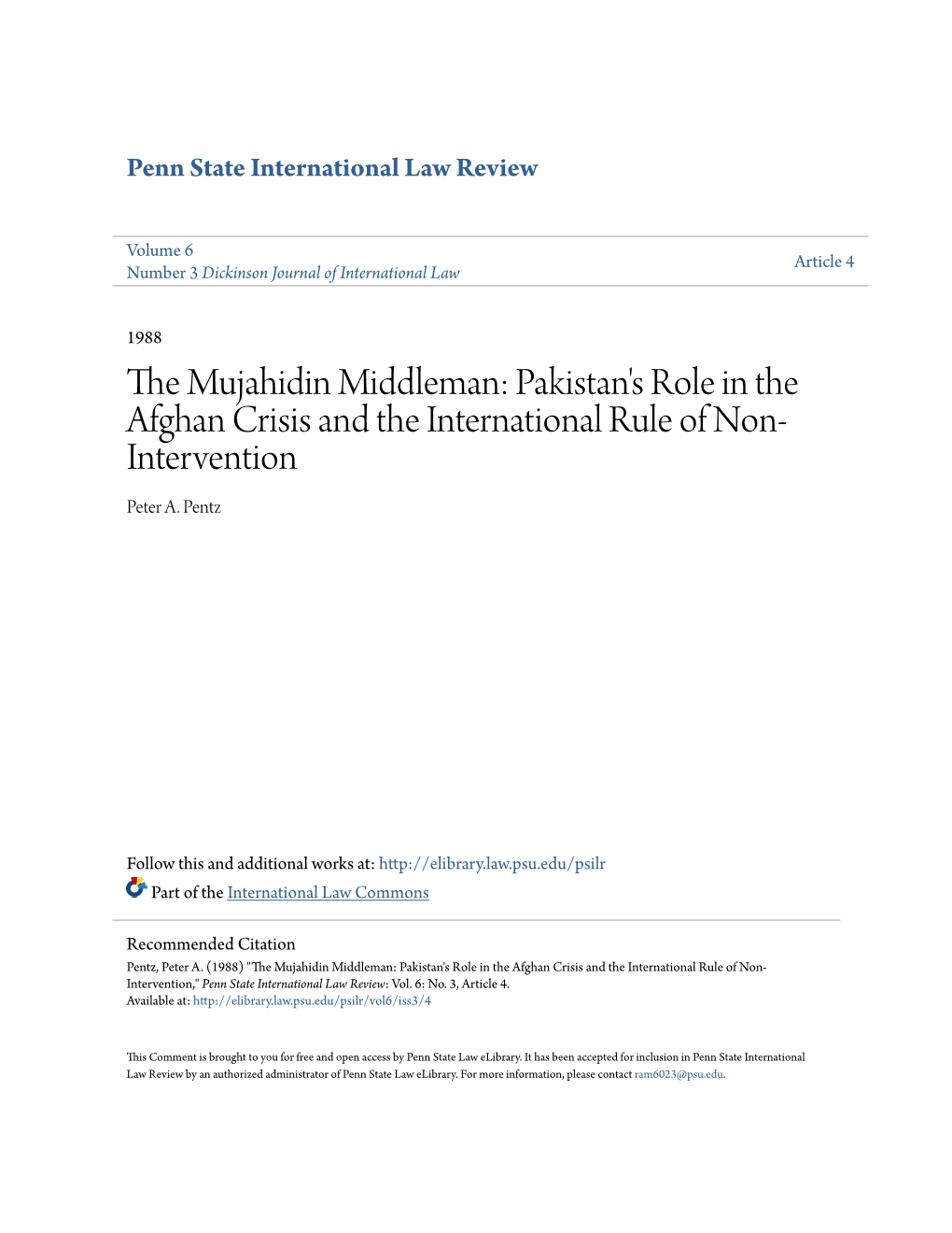 Pakistan's Role in the Afghan Crisis and the International Rule of Non-Intervention