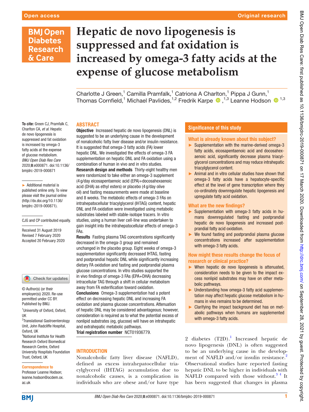 Hepatic De Novo Lipogenesis Is Suppressed and Fat Oxidation Is Increased by Omega-3 Fatty Acids at the Expense of Glucose Metabolism