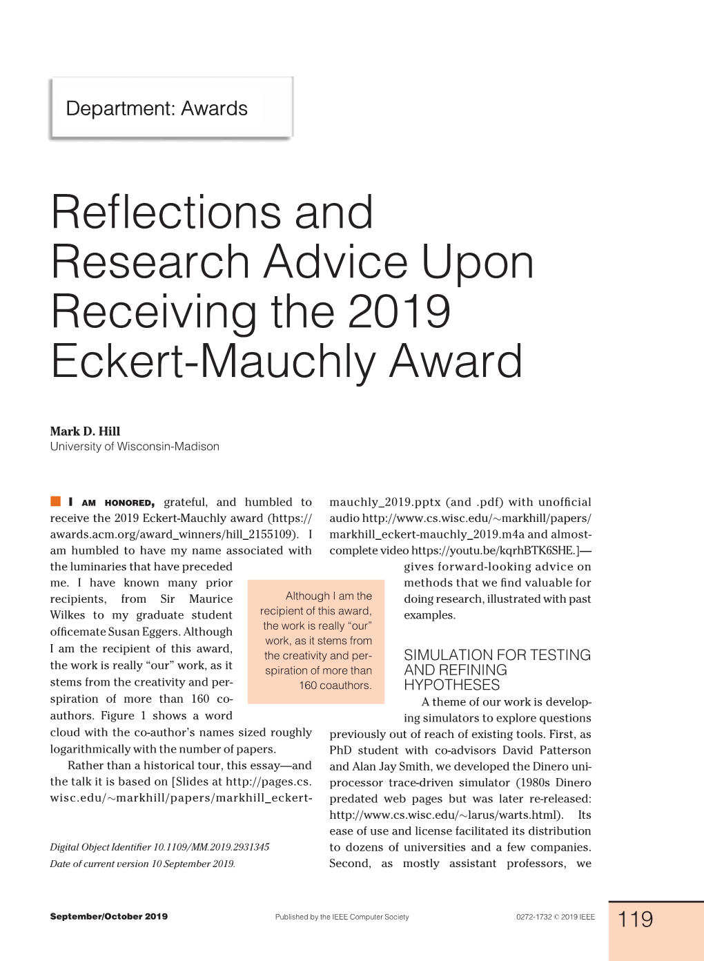 Reflections and Research Advice Upon Receiving the 2019 Eckert