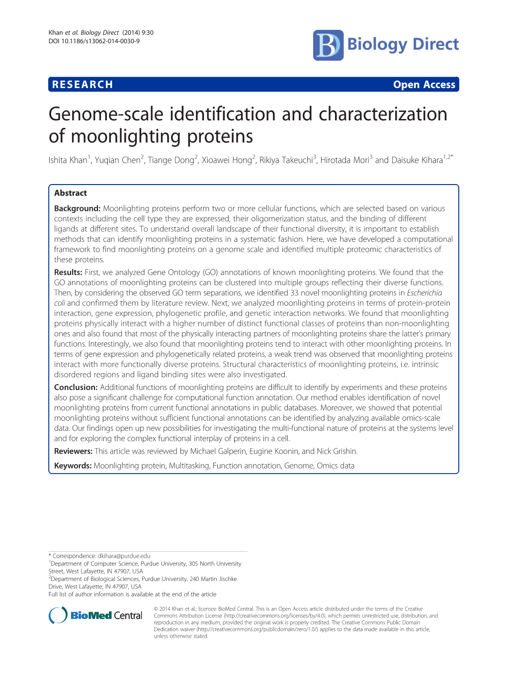 Genome-Scale Identification and Characterization of Moonlighting