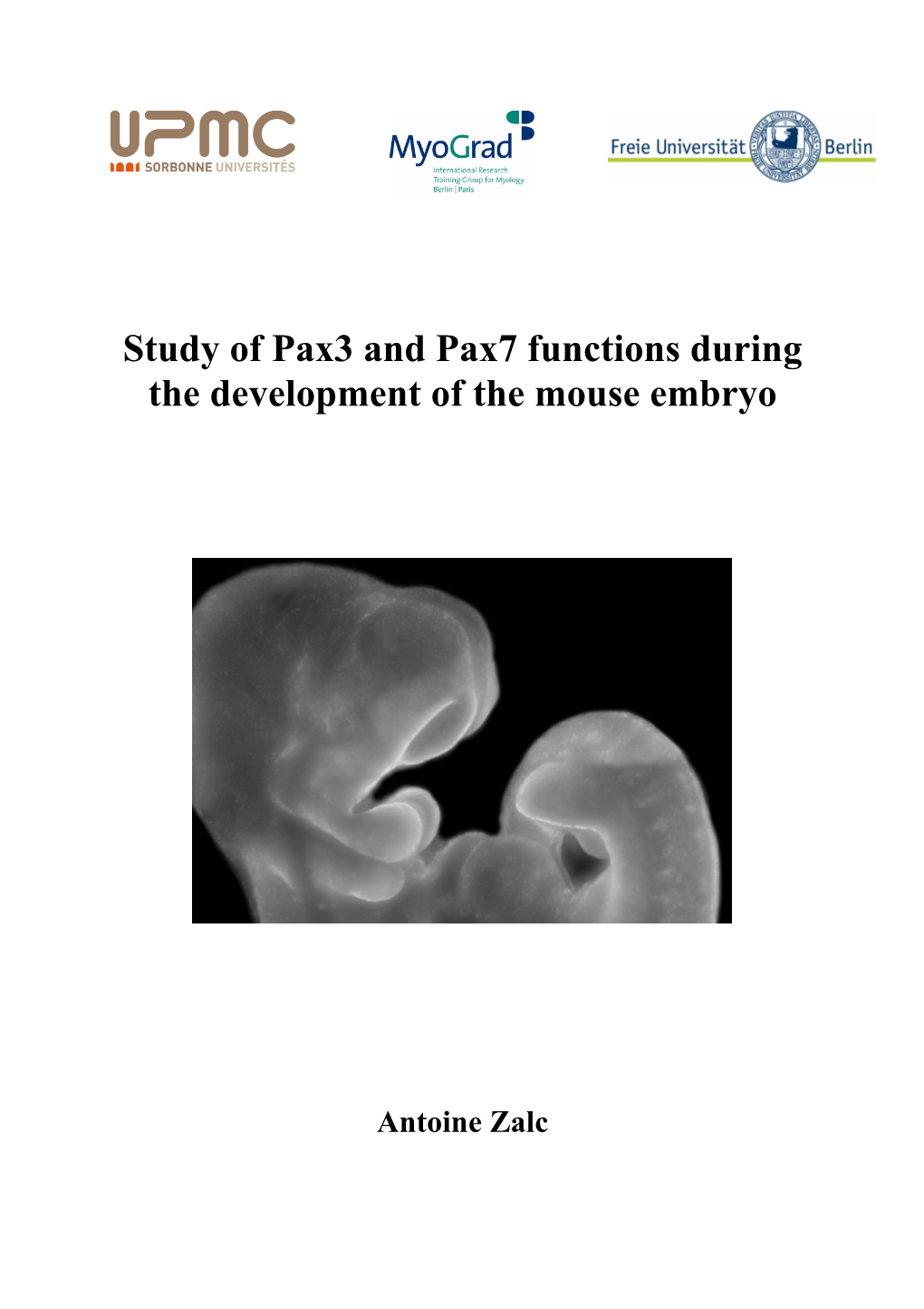 Study of Pax3 and Pax7 Functions During the Development of the Mouse Embryo