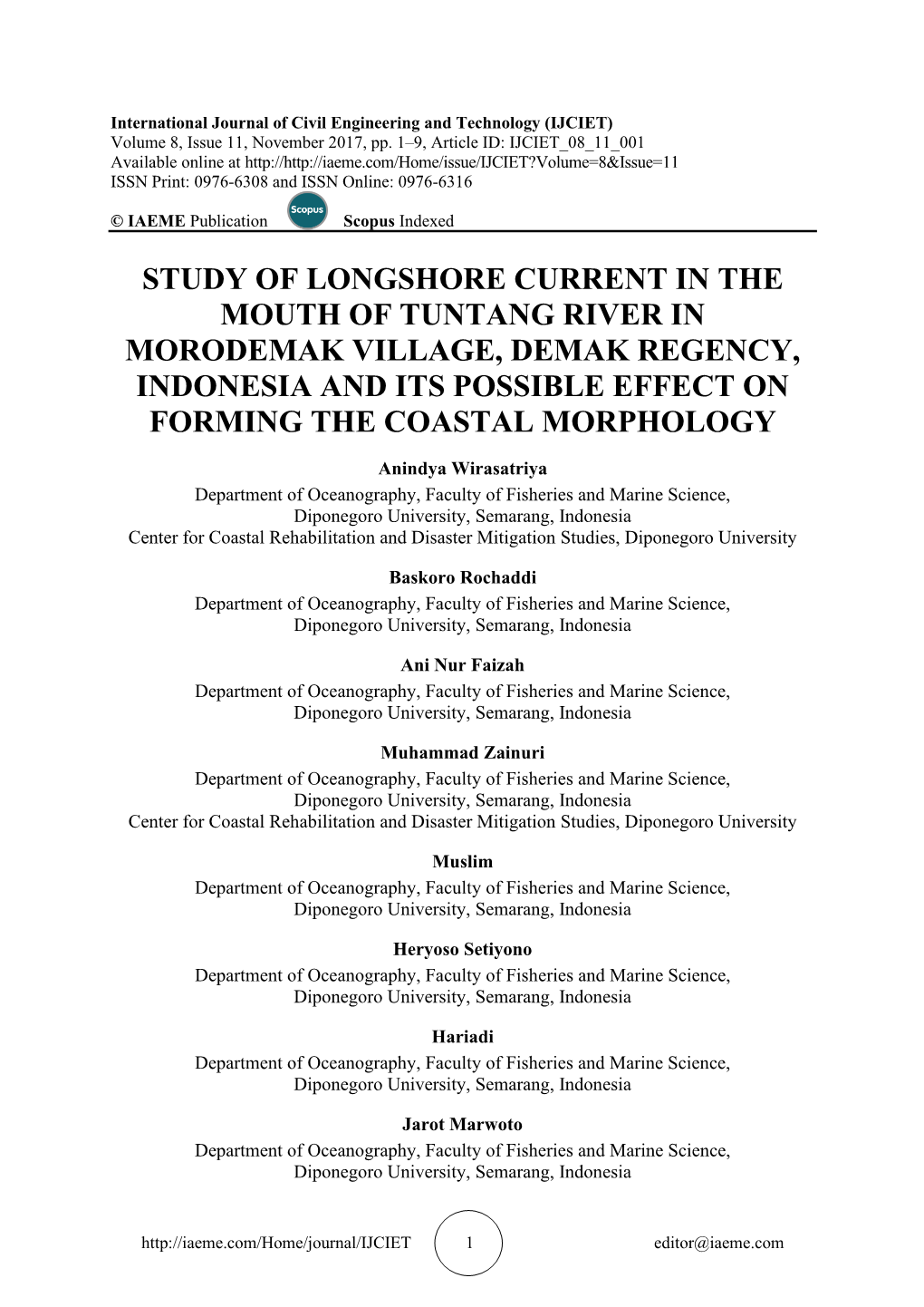 Study of Longshore Current in the Mouth of Tuntang River in Morodemak Village, Demak Regency, Indonesia and Its Possible Effect on Forming the Coastal Morphology