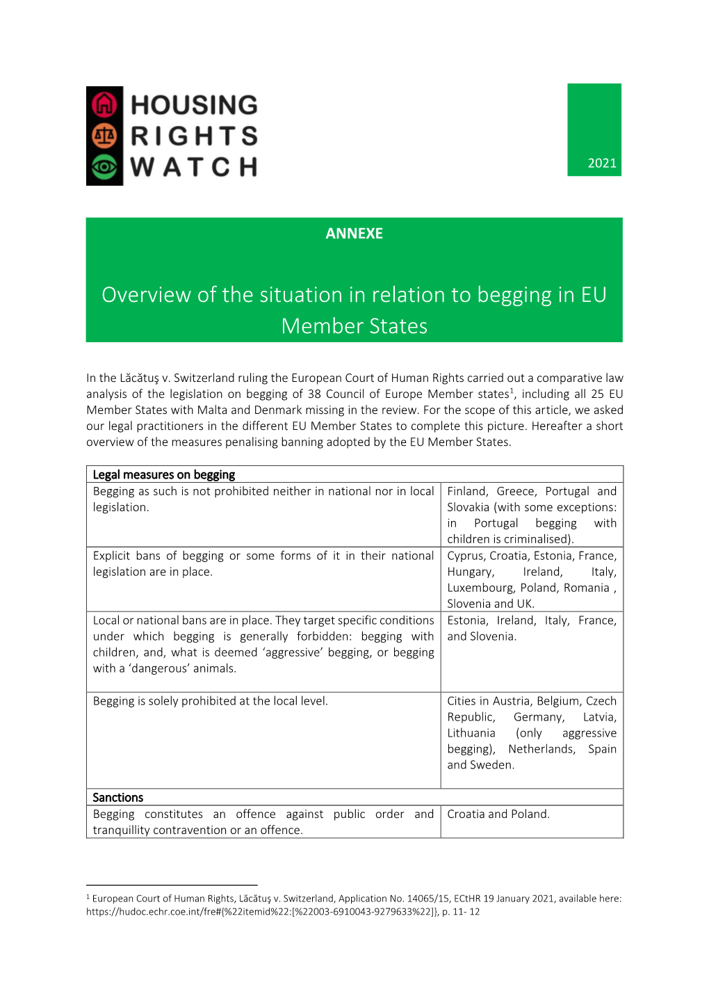 Overview of the Situation in Relation to Begging in EU Member States
