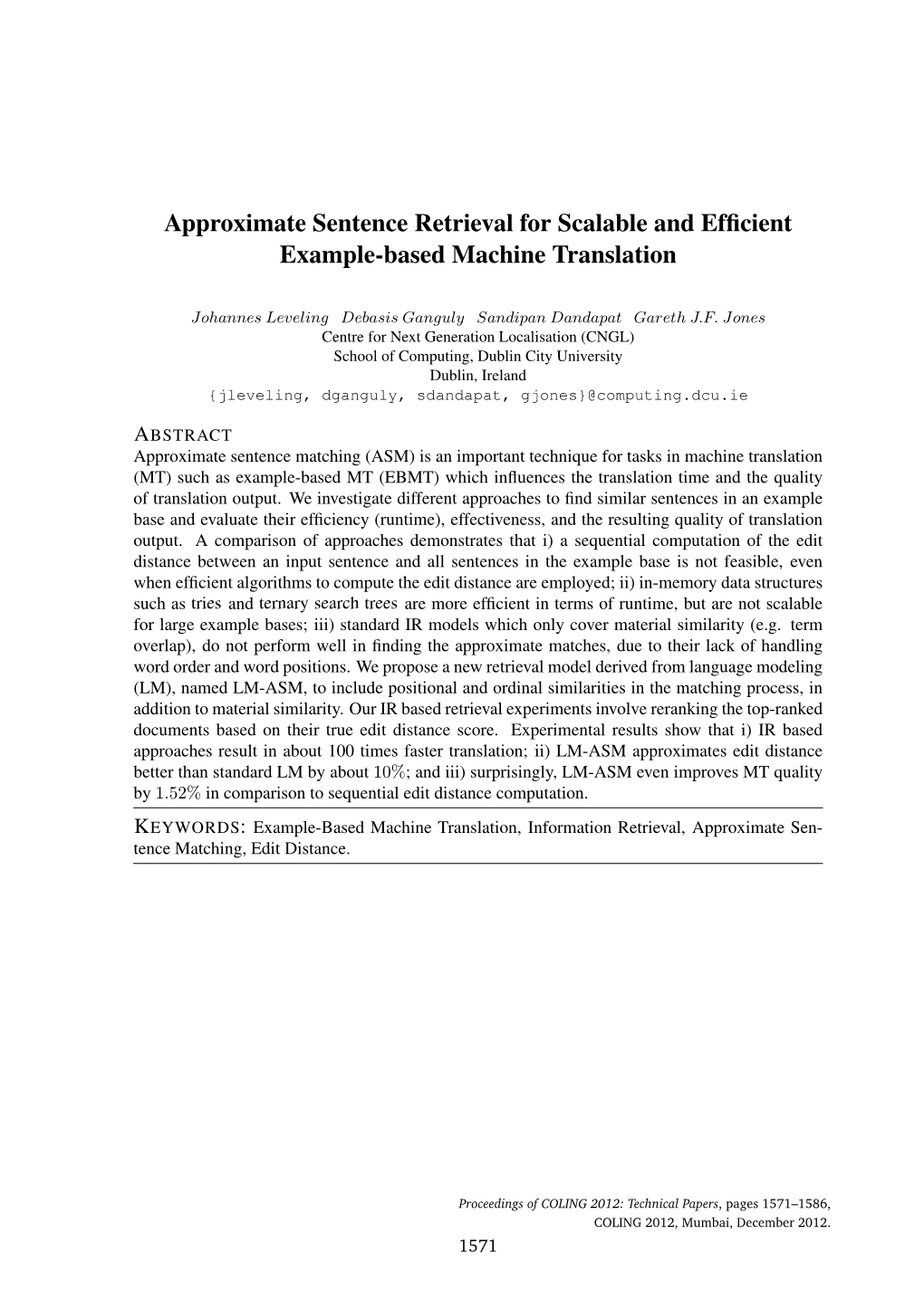 Approximate Sentence Retrieval for Scalable and Efficient Example-Based Machine Translation