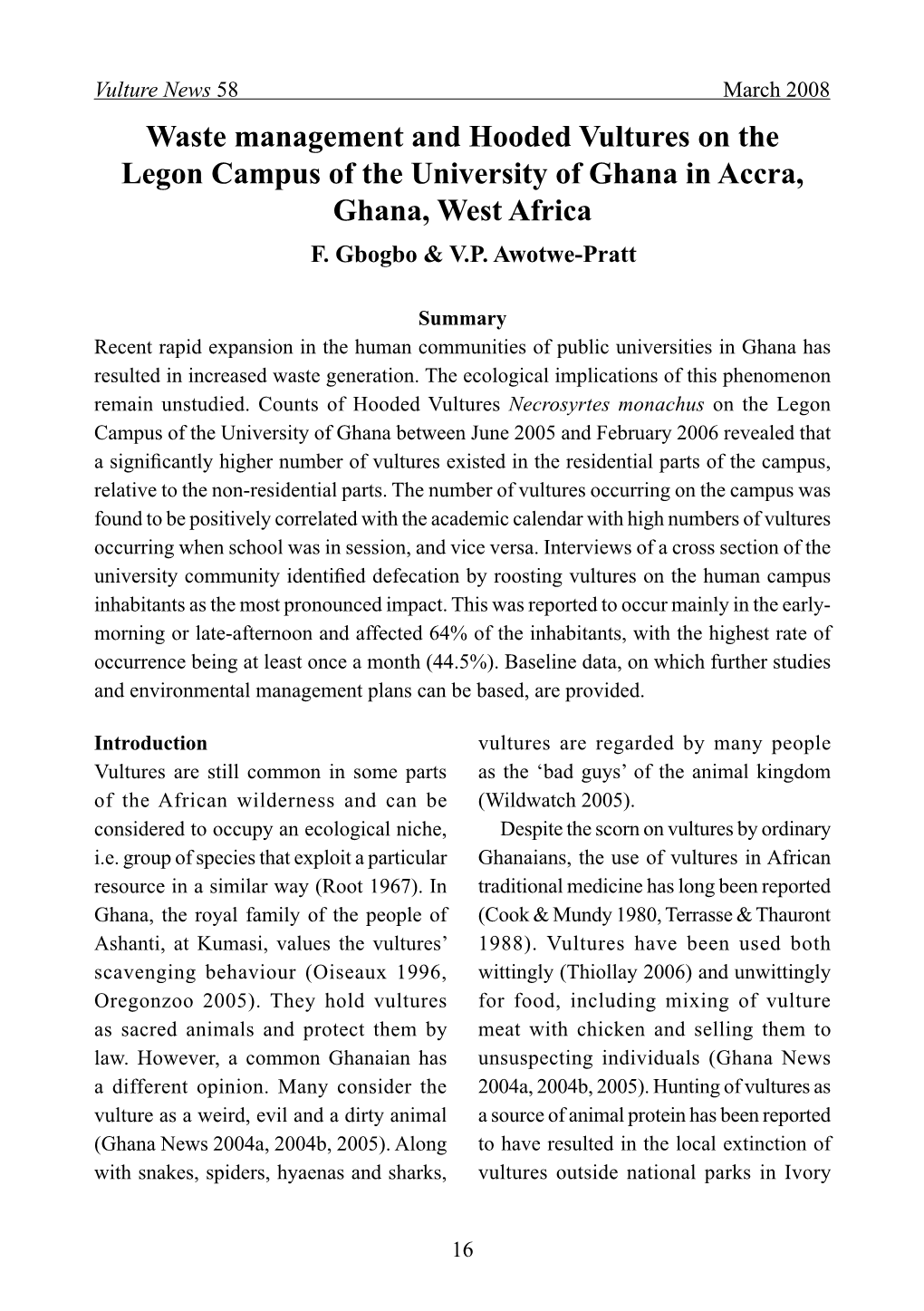 Waste Management and Hooded Vultures on the Legon Campus of the University of Ghana in Accra, Ghana, West Africa F