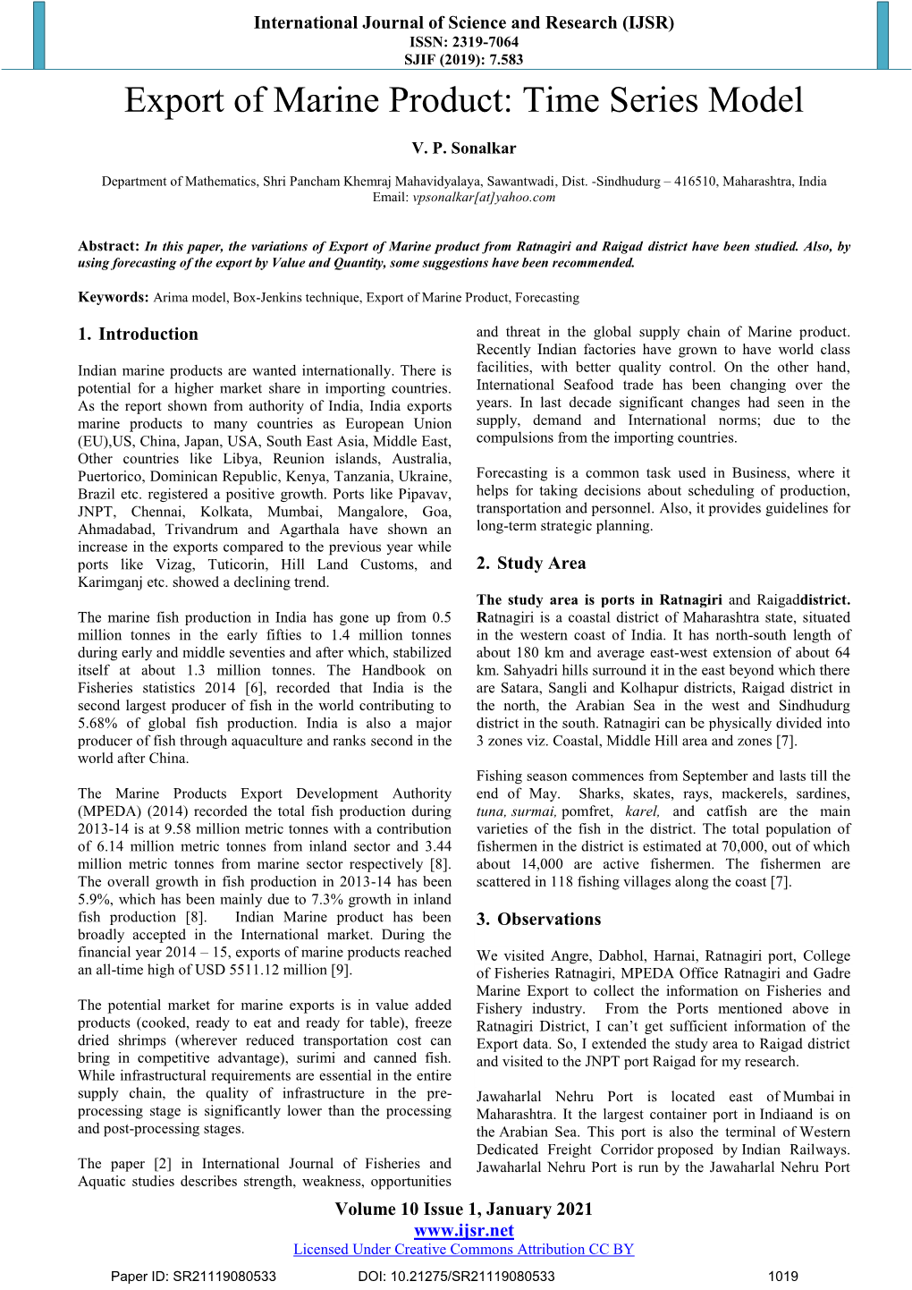 Export of Marine Product: Time Series Model