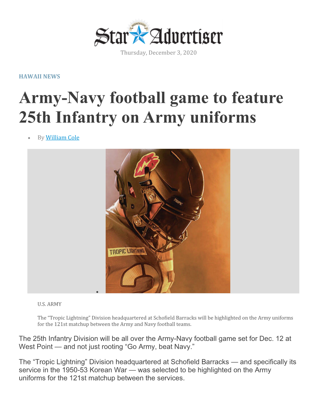 Army-Navy Football Game to Feature 25Th Infantry on Army Uniforms