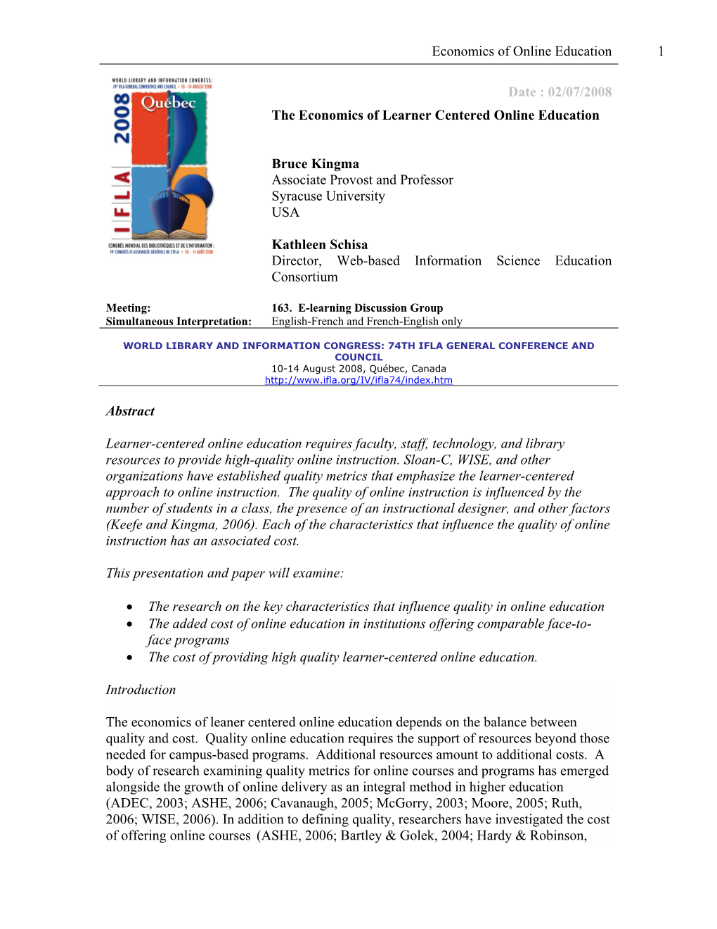 02/07/2008 the Economics of Learner Centered Online Education