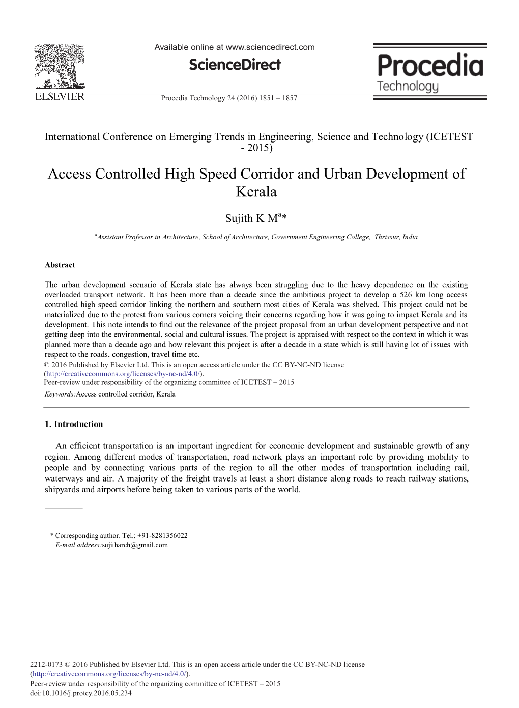 Access Controlled High Speed Corridor and Urban Development of Kerala