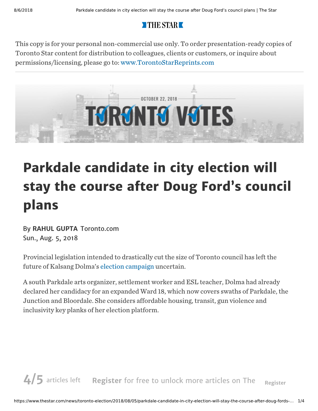 Parkdale Candidate in City Election Will Stay the Course After Doug Ford's