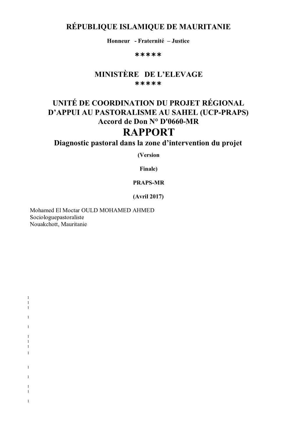 RAPPORT Diagnostic Pastoral Dans La Zone D’Intervention Du Projet (Version