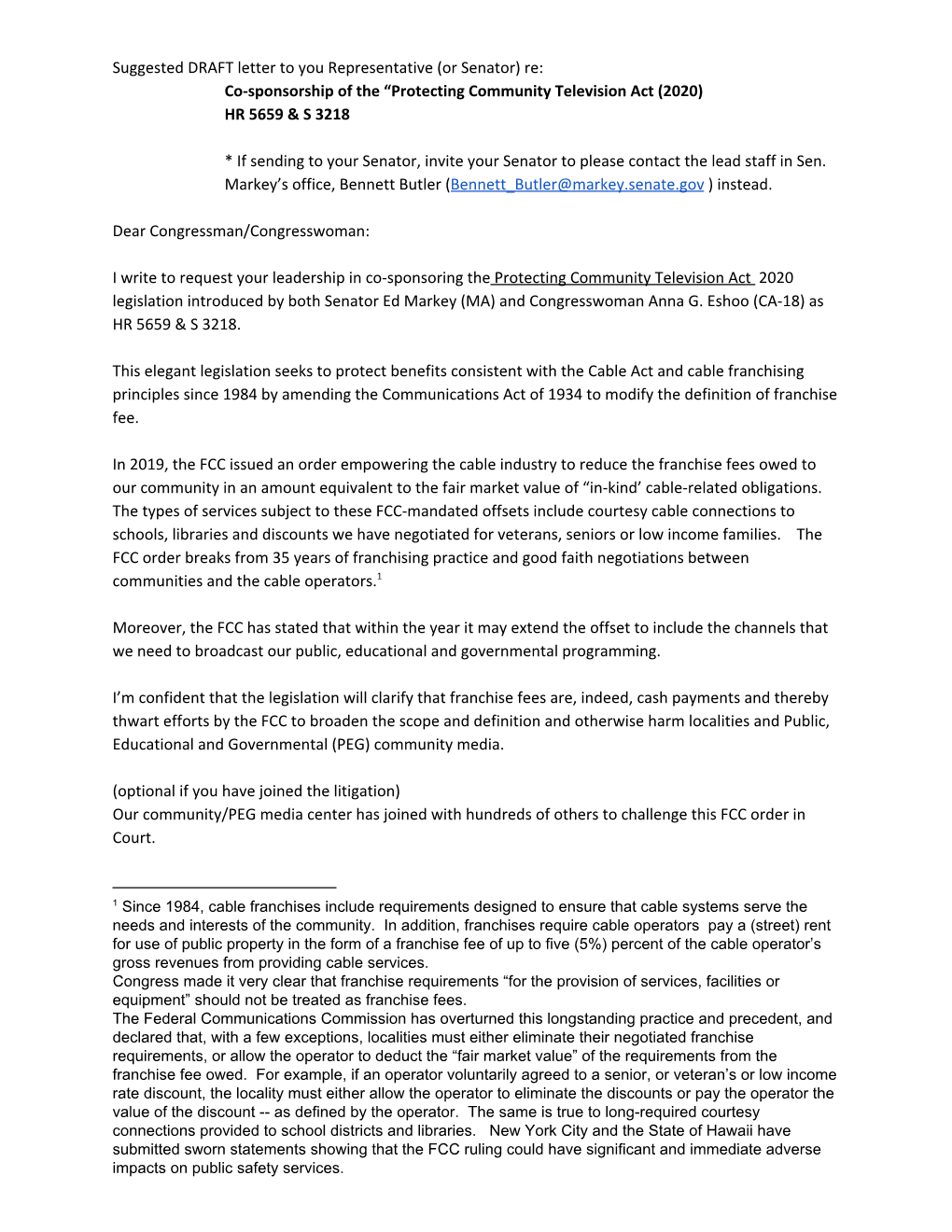 Suggested DRAFT Letter to You Representative (Or Senator) Re: Co-Sponsorship of the “Protecting Community Television Act (2020) HR 5659 & S 3218