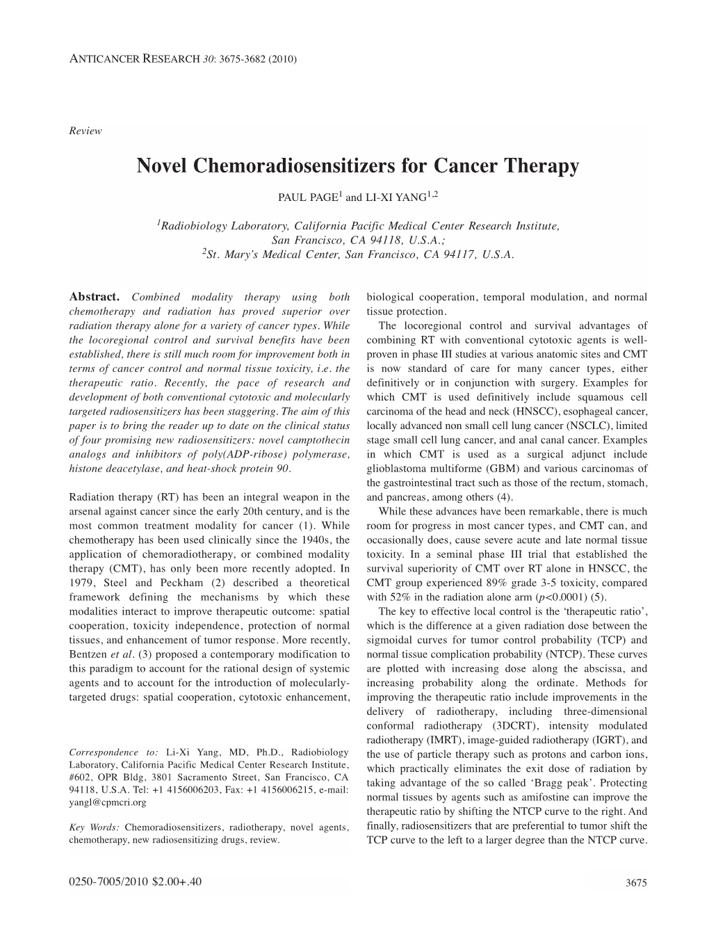 Novel Chemoradiosensitizers for Cancer Therapy