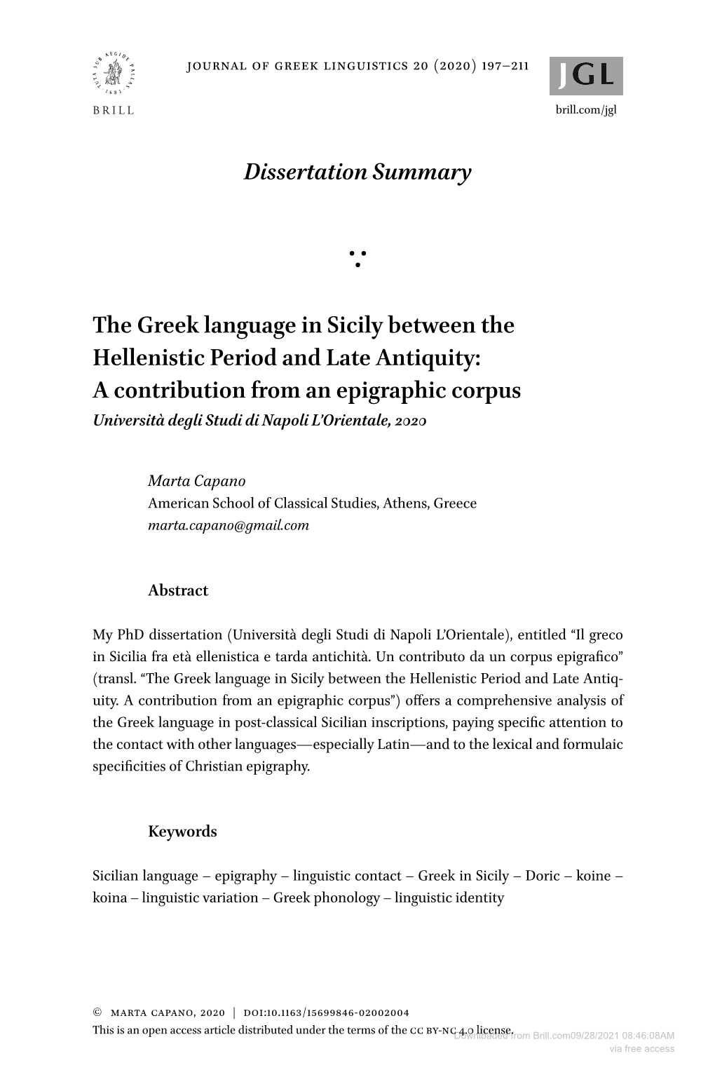 Dissertationsummary the Greek Language in Sicily Between The