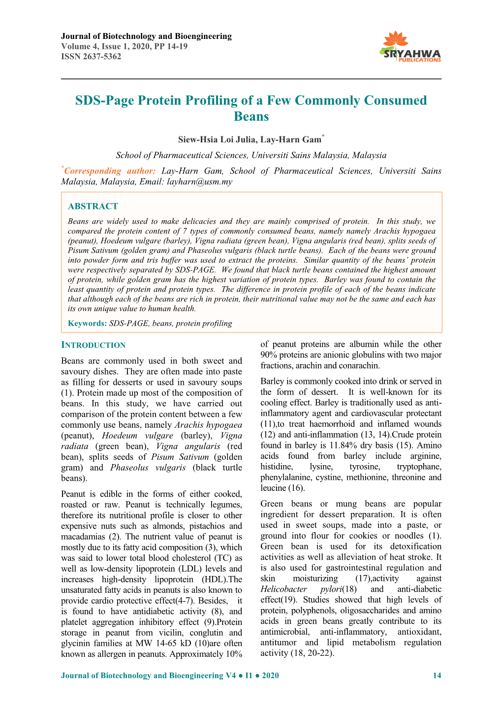 SDS-Page Protein Profiling of a Few Commonly Consumed Beans