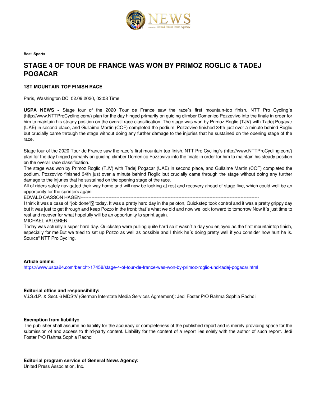 Stage 4 of Tour De France Was Won by Primoz Roglic & Tadej Pogacar