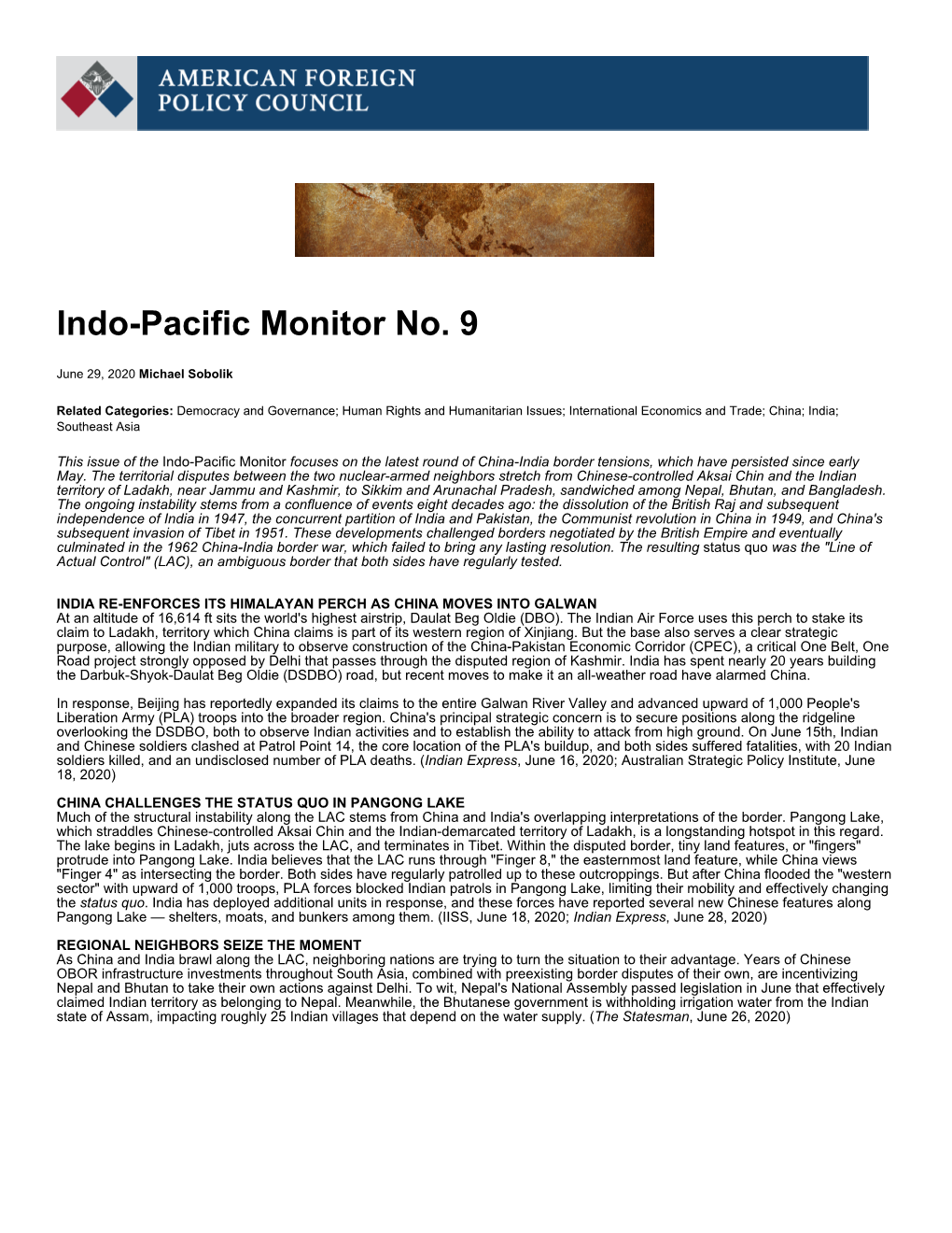 Indo-Pacific Monitor No. 9 | American Foreign Policy Council