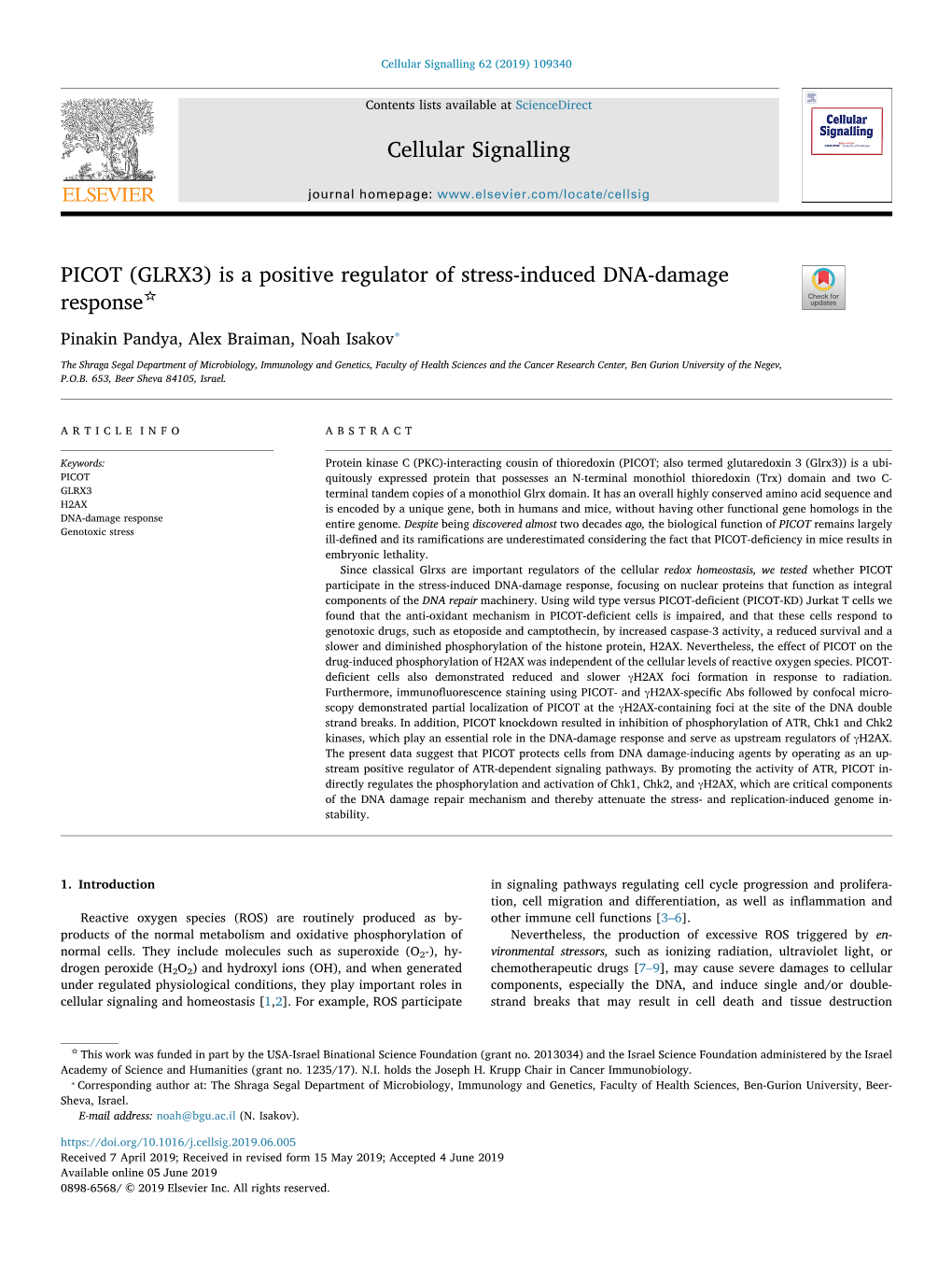 PICOT (GLRX3) Is a Positive Regulator of Stress-Induced DNA-Damage ☆ Response T ⁎ Pinakin Pandya, Alex Braiman, Noah Isakov