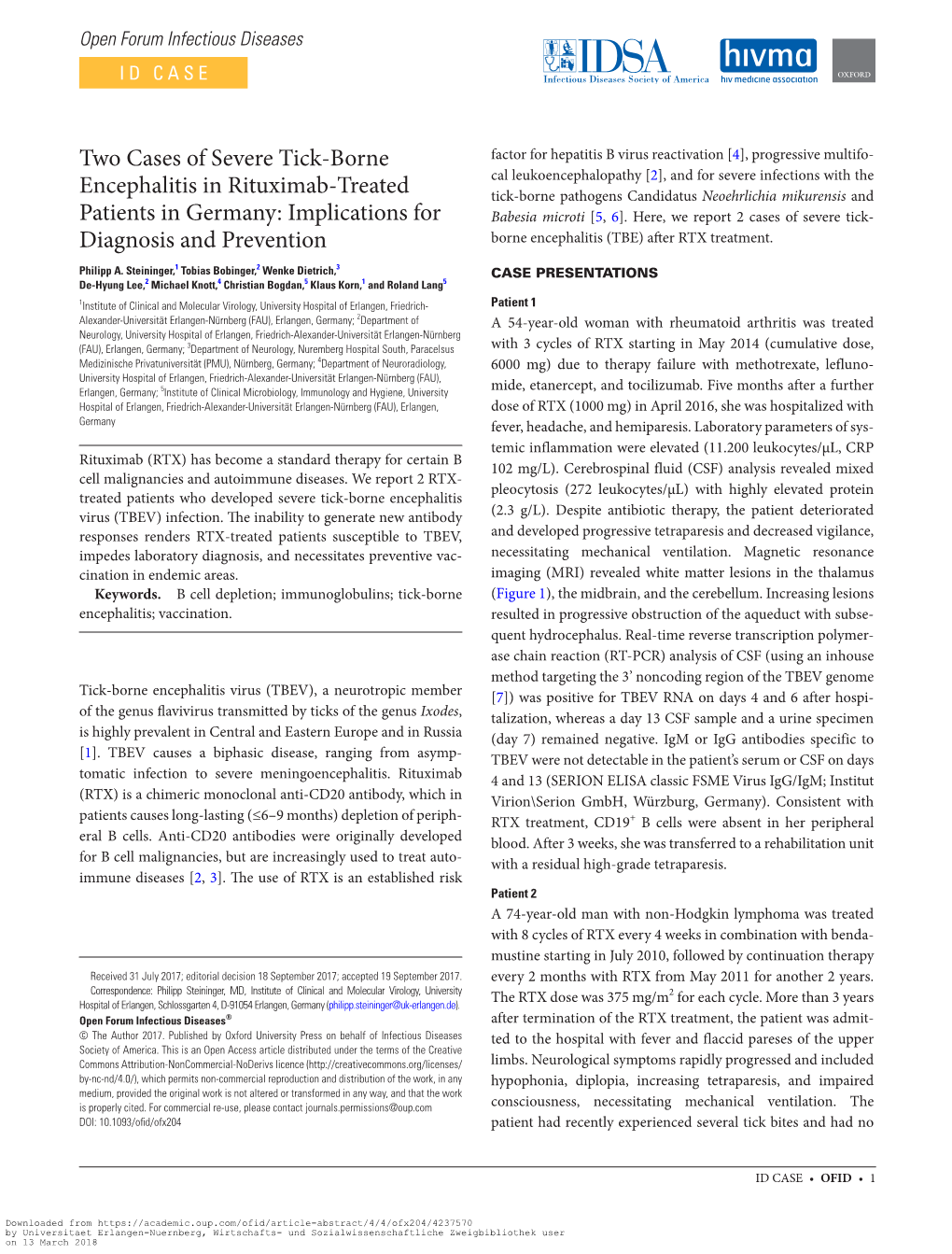 Two Cases of Severe Tick-Borne Encephalitis in Rituximab-Treated