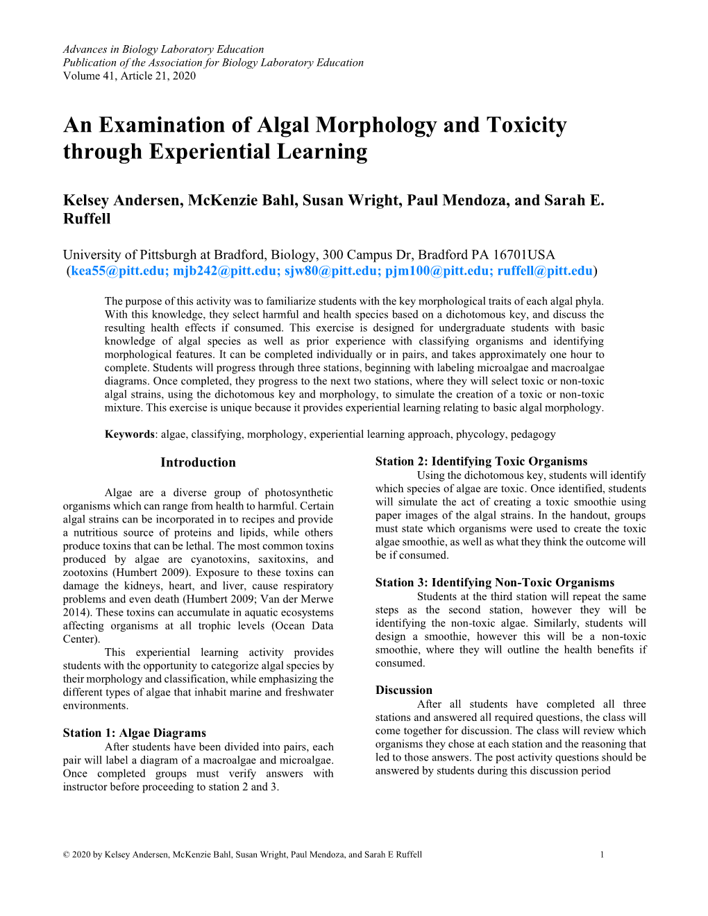 An Examination of Algal Morphology and Toxicity Through Experiential Learning