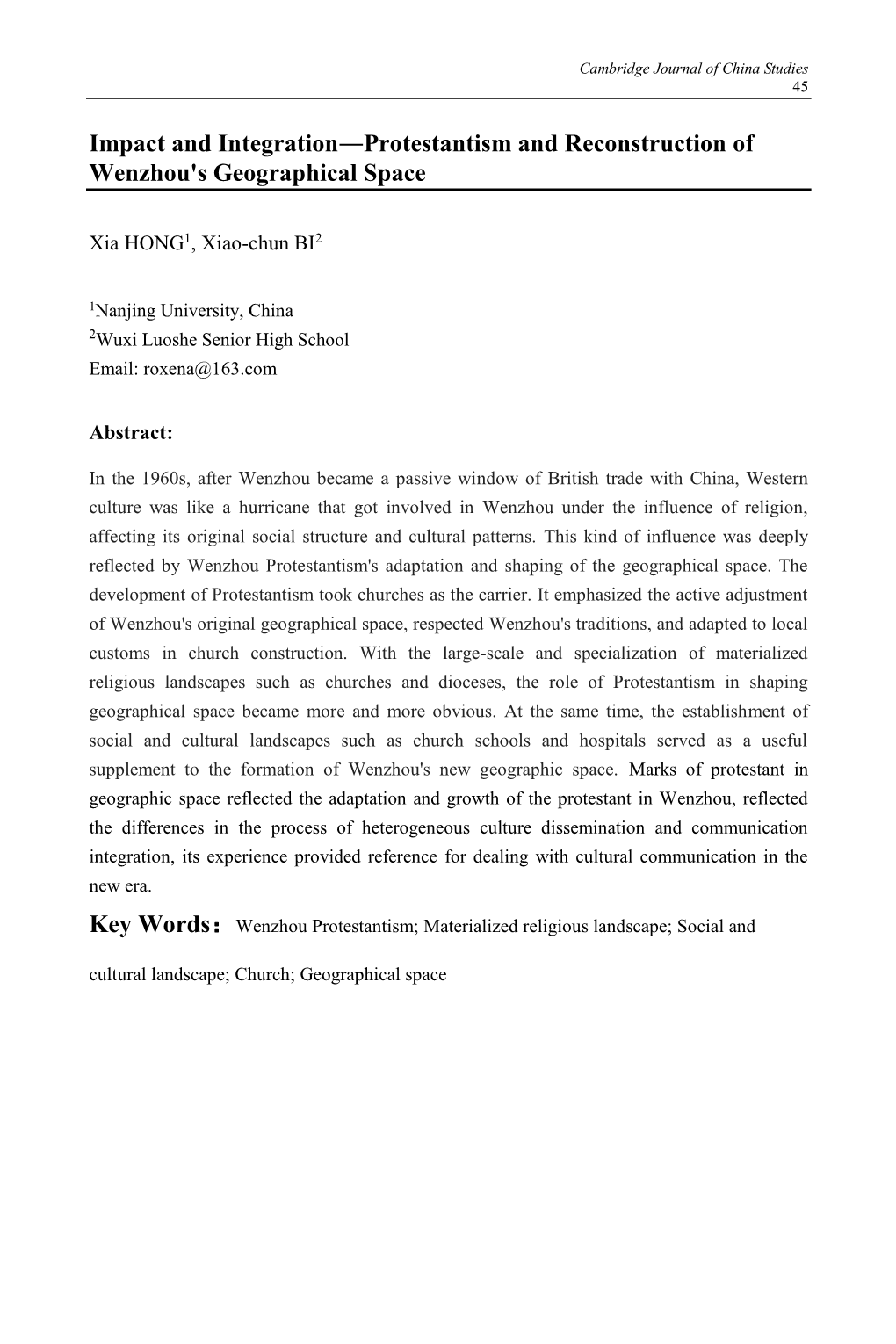 Impact and Integration―Protestantism and Reconstruction of Wenzhou's Geographical Space