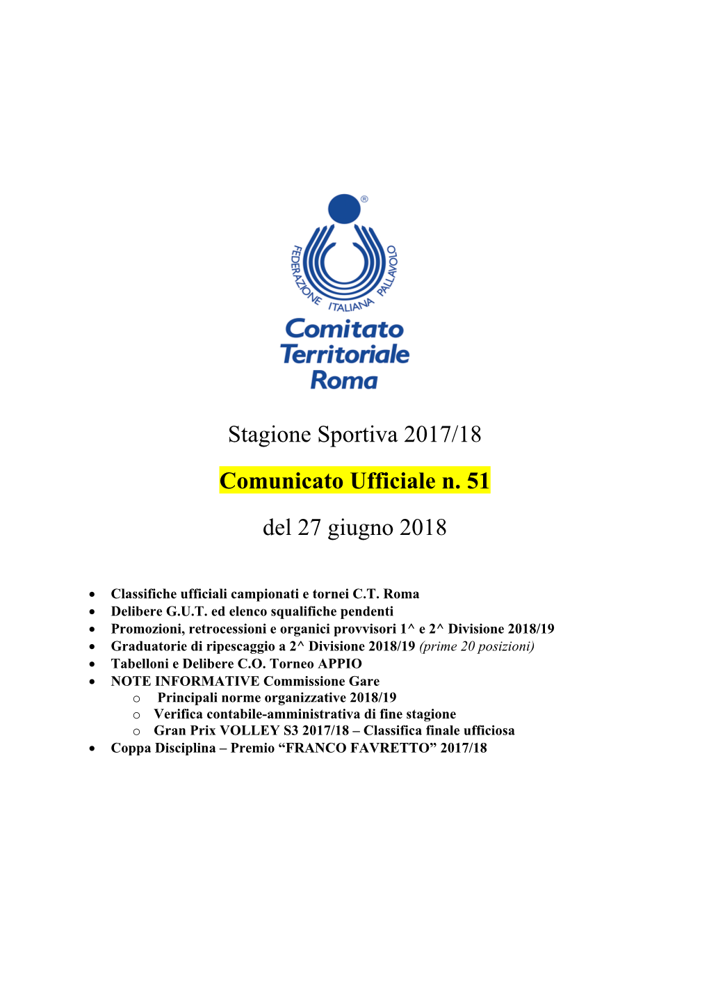 Stagione Sportiva 2017/18 Comunicato Ufficiale