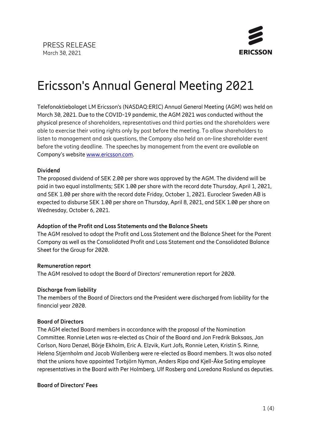 Ericsson's Annual General Meeting 2021
