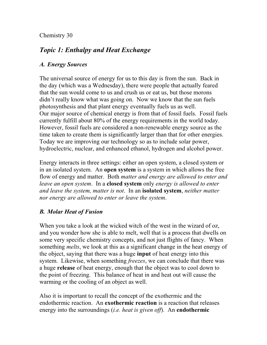 Topic 1: Enthalpy and Heat Exchange