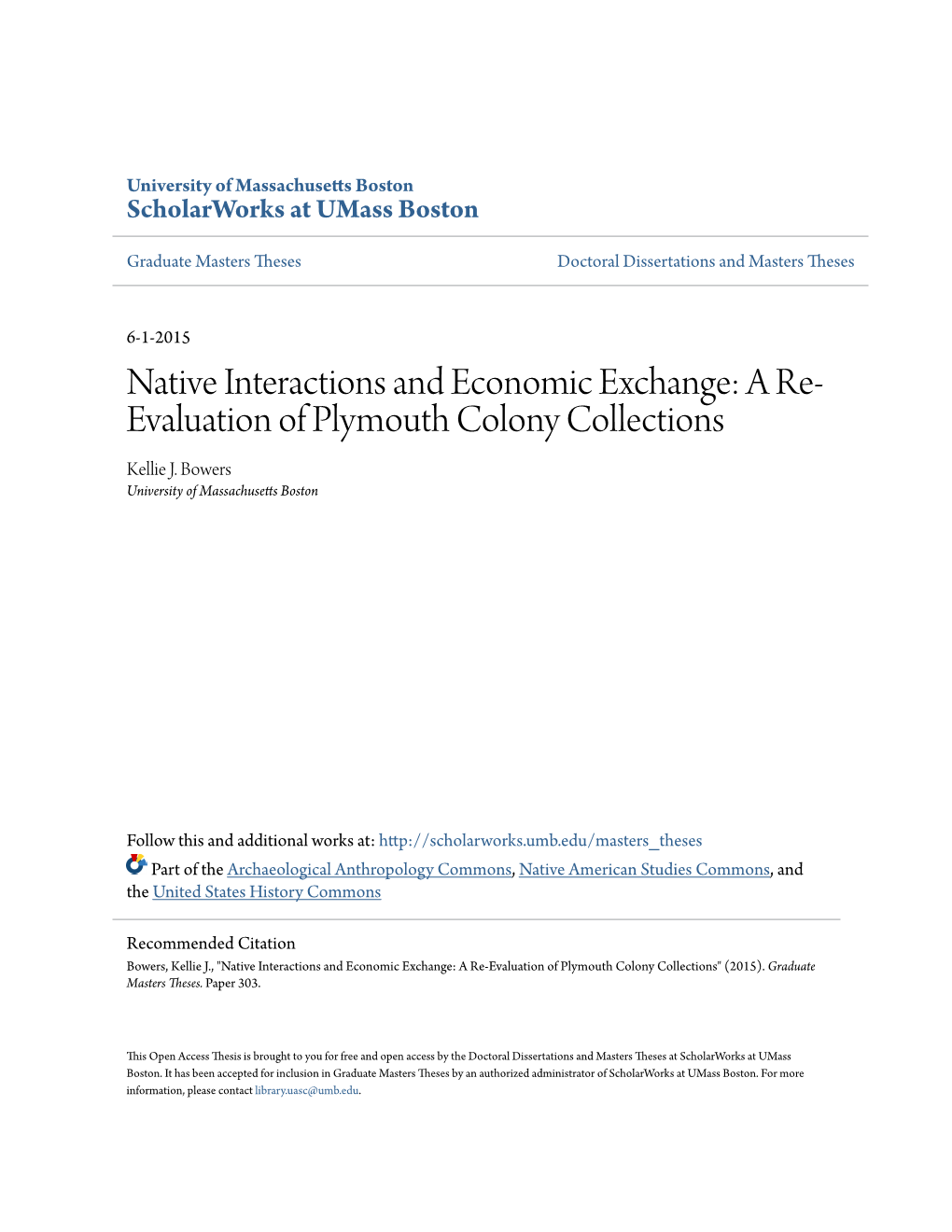 A Re-Evaluation of Plymouth Colony Collections" (2015)