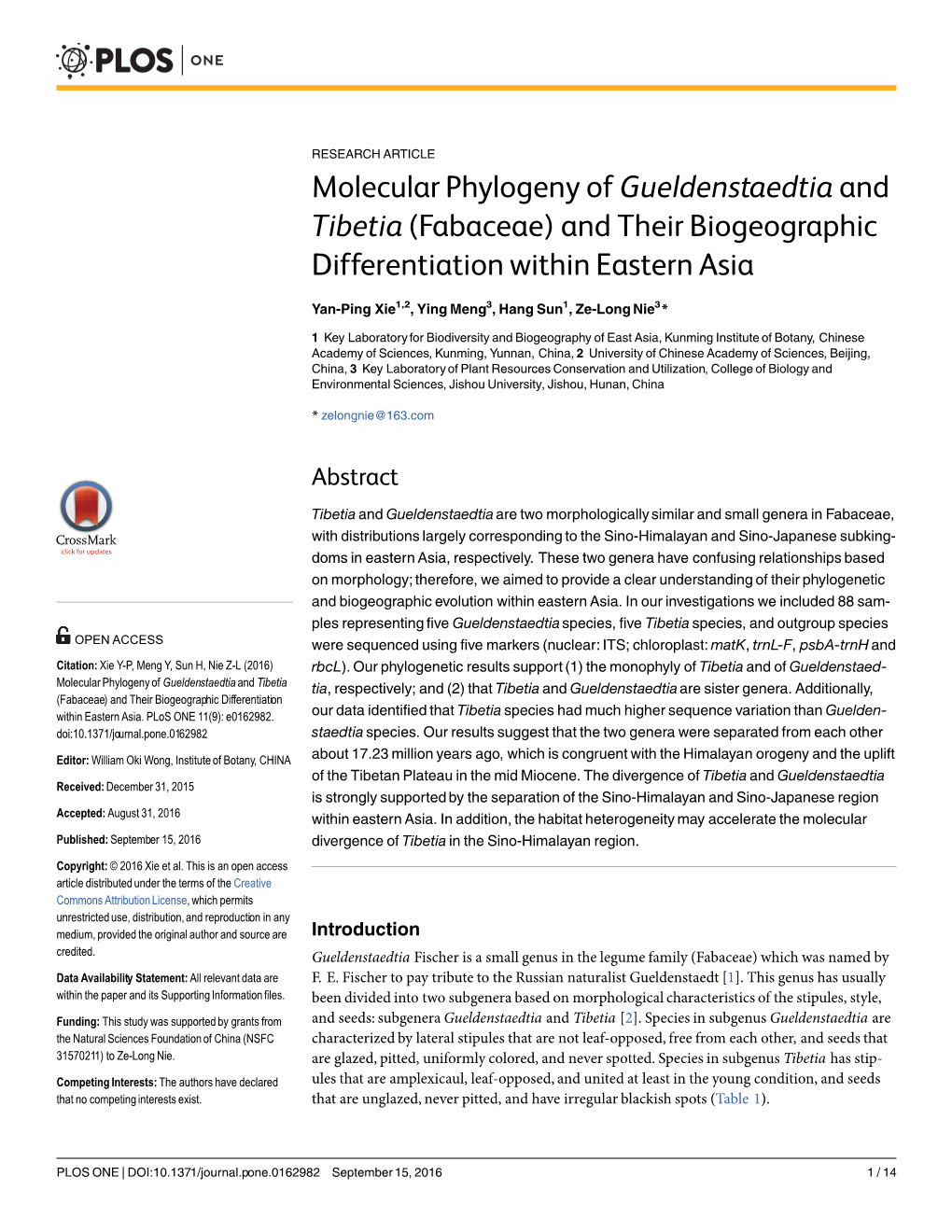 Molecular Phylogeny of Gueldenstaedtia and Tibetia (Fabaceae) and Their Biogeographic Differentiation Within Eastern Asia