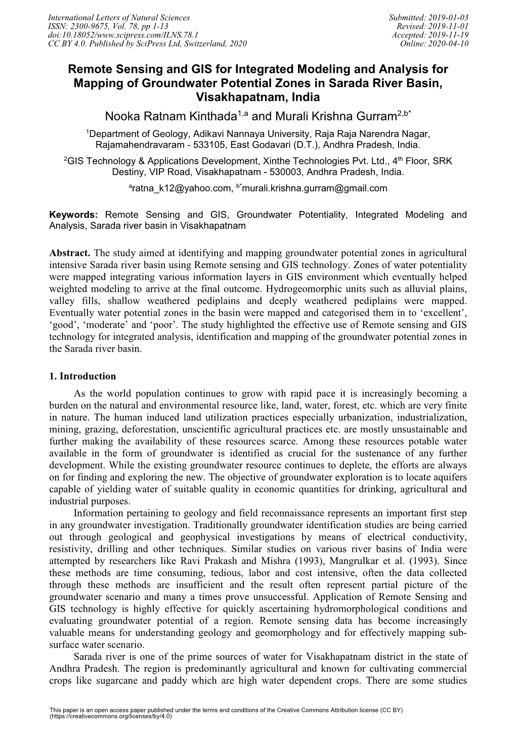 Remote Sensing and GIS for Integrated Modeling and Analysis for Mapping of Groundwater Potential Zones in Sarada River Basin, Vi