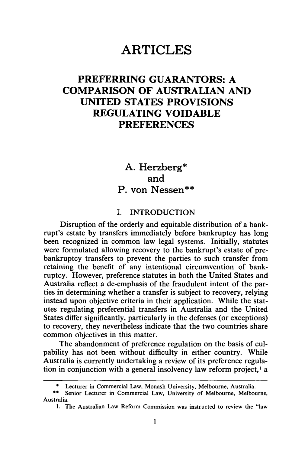 Preferring Guarantors: a Comparison of Australian and United States Provisions Regulating Voidable Preferences