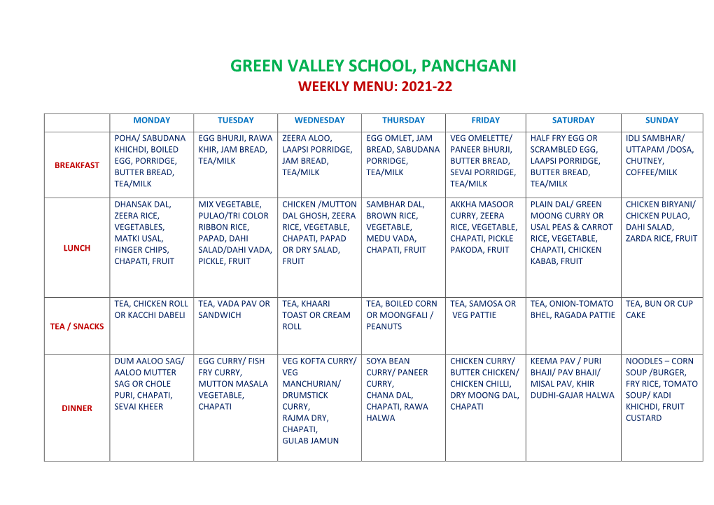 Green Valley School, Panchgani Weekly Menu: 2021-22