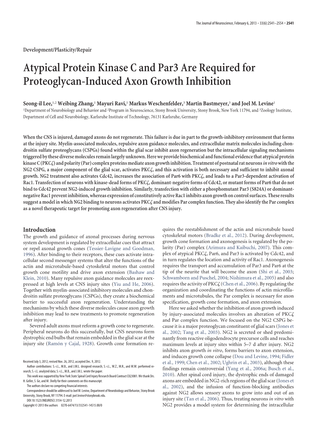 Atypical Protein Kinase C and Par3 Are Required for Proteoglycan-Induced Axon Growth Inhibition