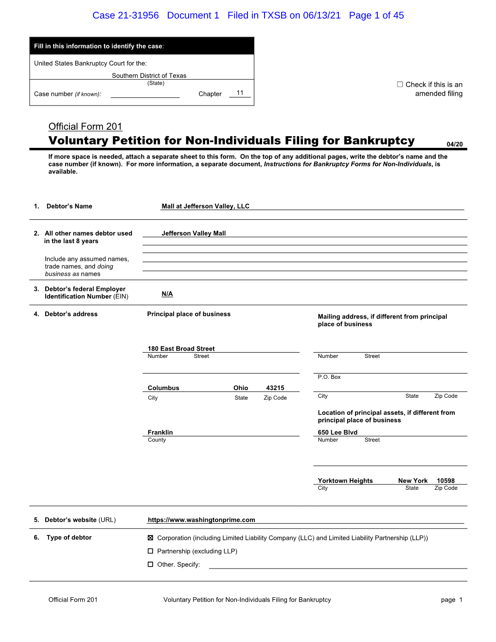 Voluntary Petition for Non-Individuals Filing for Bankruptcy 04/20 If More Space Is Needed, Attach a Separate Sheet to This Form