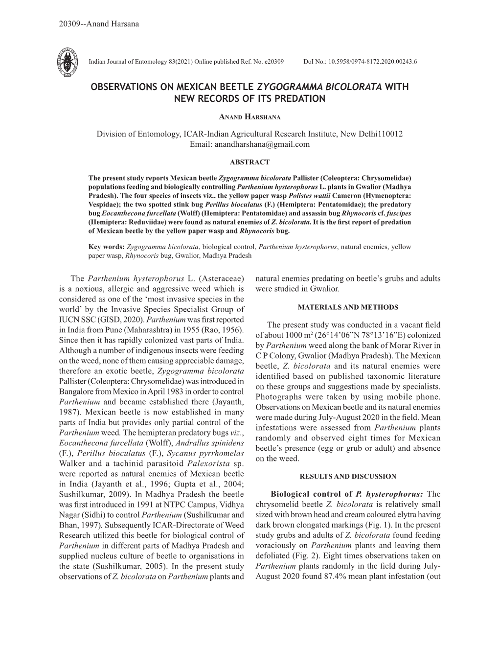 Observations on Mexican Beetle Zygogramma Bicolorata with New Records of Its Predation