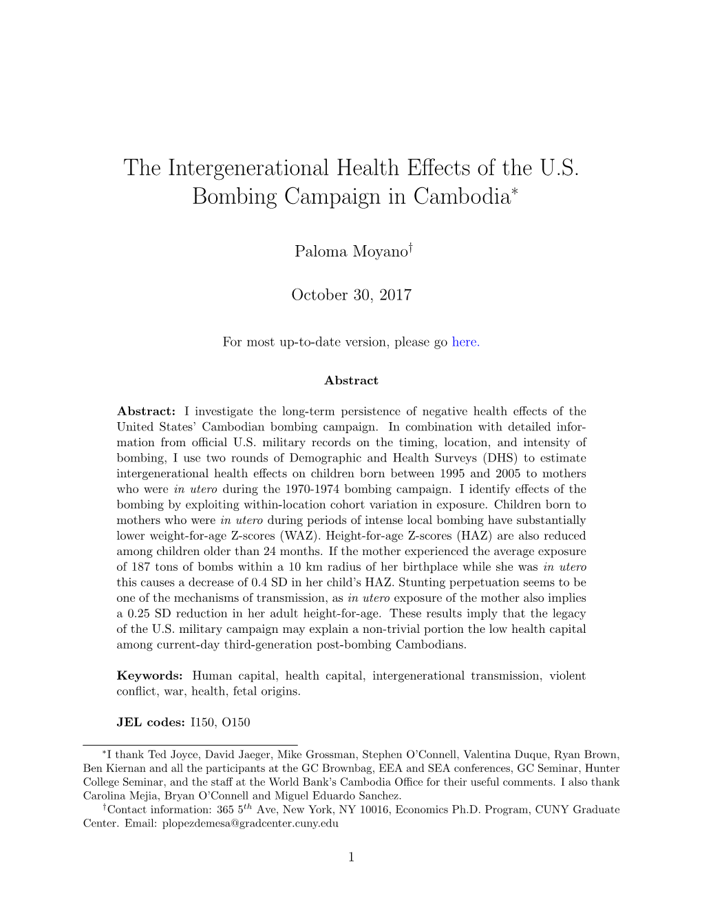 The Intergenerational Health Effects of the U.S. Bombing Campaign In