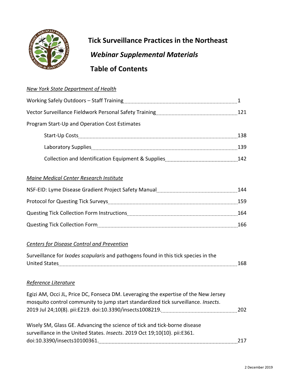 Tick Surveillance Practices in the Northeast Webinar Supplemental Materials Table of Contents