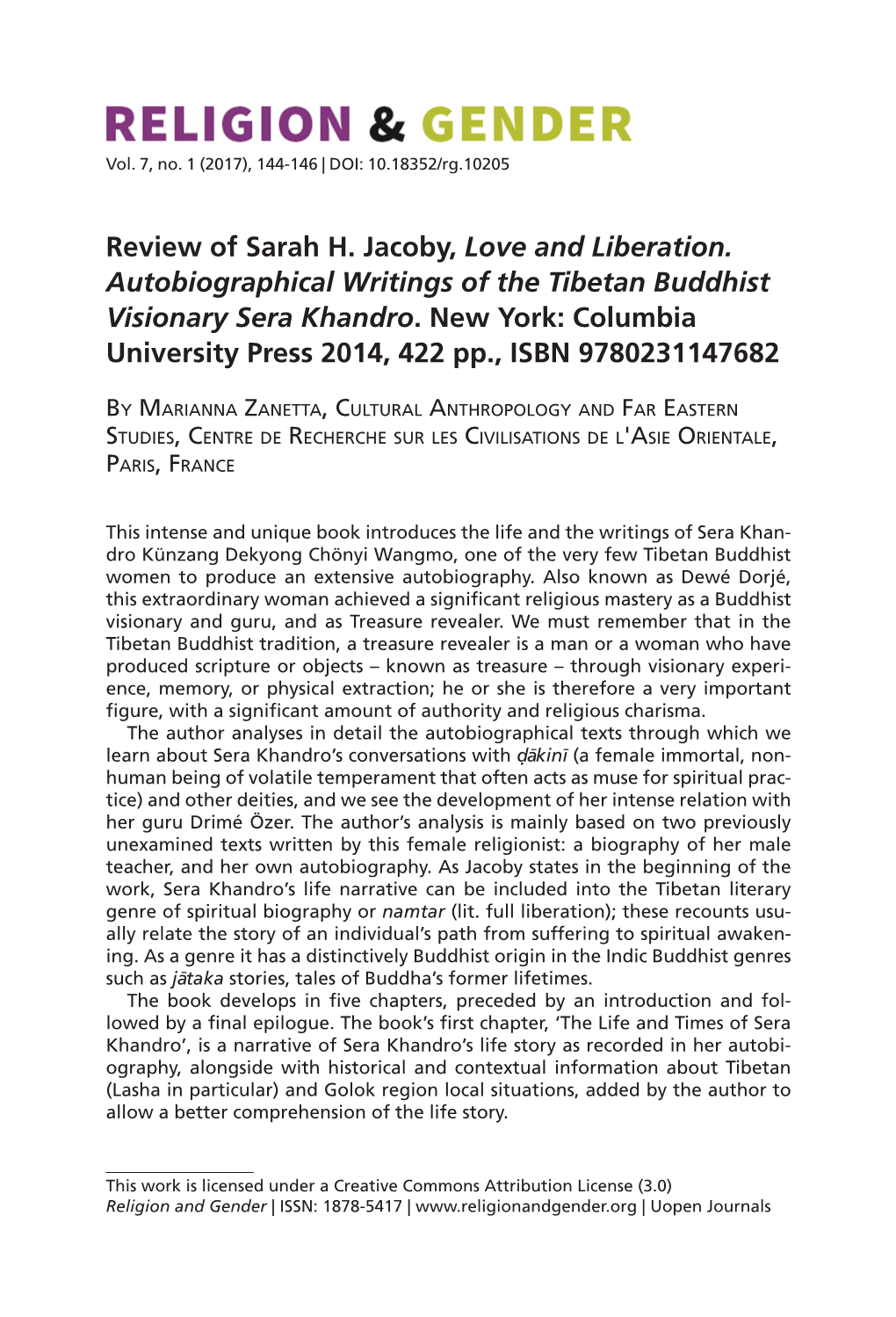 Review of Sarah H. Jacoby, Love and Liberation. Autobiographical Writings of the Tibetan Buddhist Visionary Sera Khandro