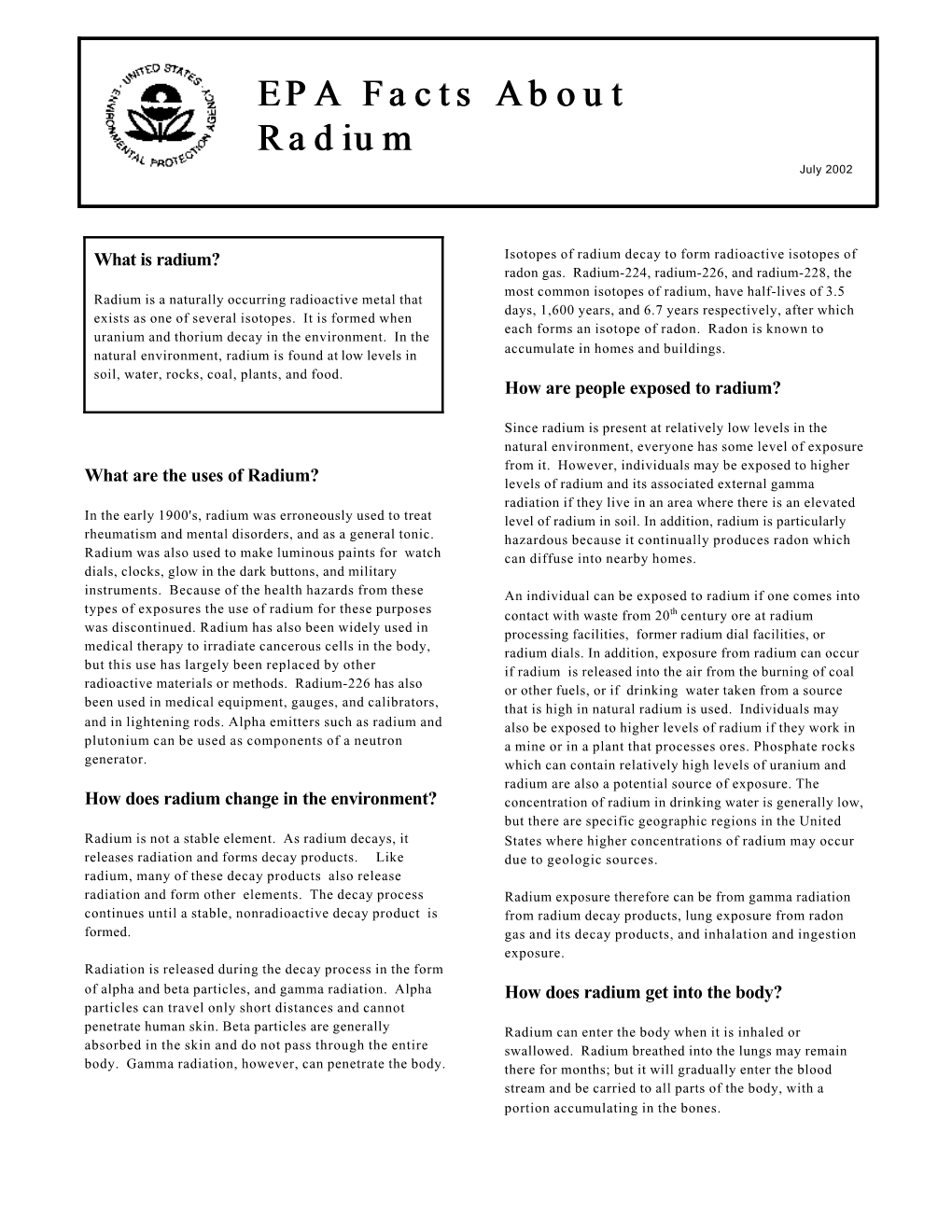 Factsheet: Epa Facts About Radium