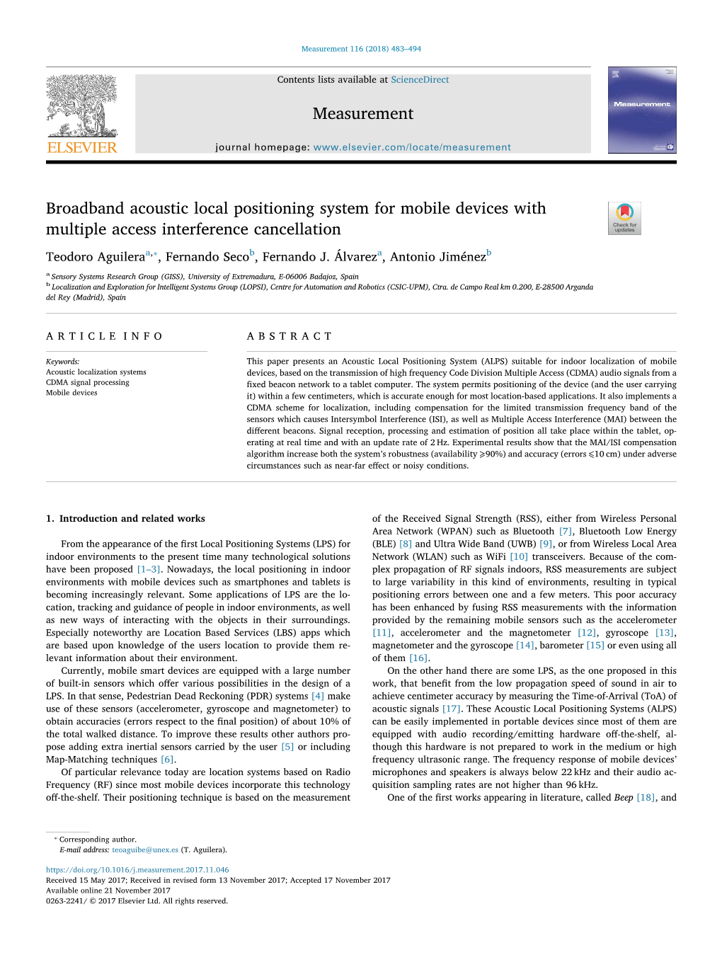 Broadband Acoustic Local Positioning System for Mobile Devices with T Multiple Access Interference Cancellation ⁎ Teodoro Aguileraa, , Fernando Secob, Fernando J