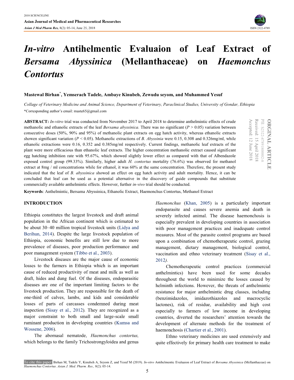 In-Vitro Antihelmentic Evaluaion of Leaf Extract of Bersama Abyssinica (Mellanthaceae) on Haemonchus Contortus