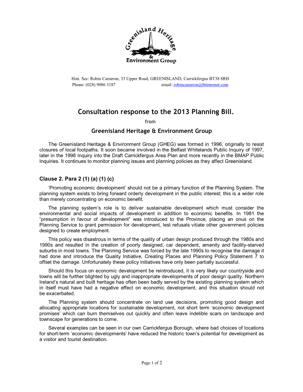 Consultation Response to the 2013 Planning Bill. from Greenisland Heritage & Environment Group
